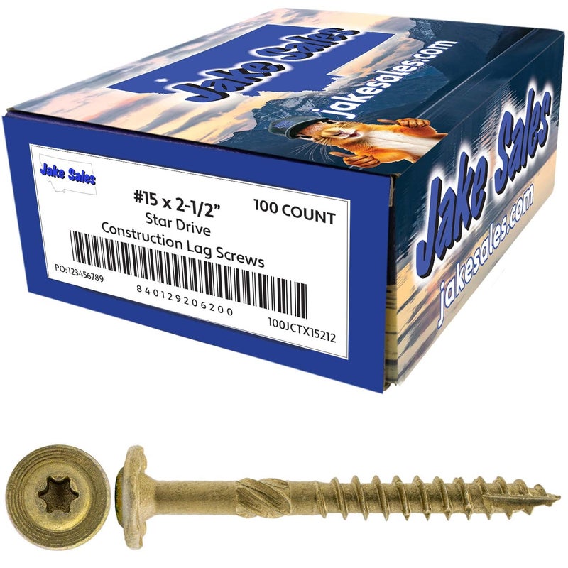Jake Sales #15 x 2-1/2" Construction Lag Screw - Torx/Star Drive Heavy Duty Structural Lag Screw - ACQ Compatible - Modified Truss Washer Head. 1 x 100 Count Box - 100 Screws - Image 1